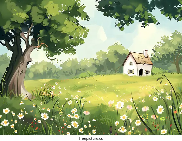 Green Grass Field with Flowers and a Small White House Illustration