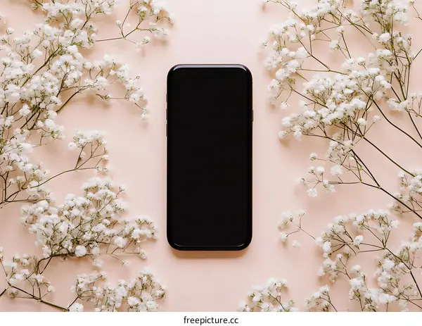Black Smartphone Mockup With White Flowers