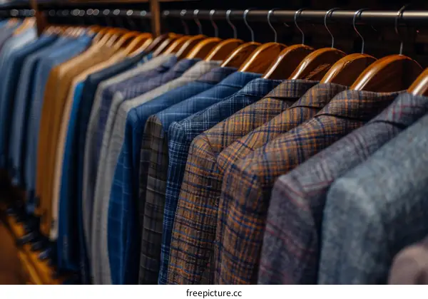 A selection of men's suit jackets in a retail store.