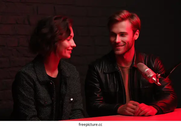 Two Caucasian People Talking Podcast Recording