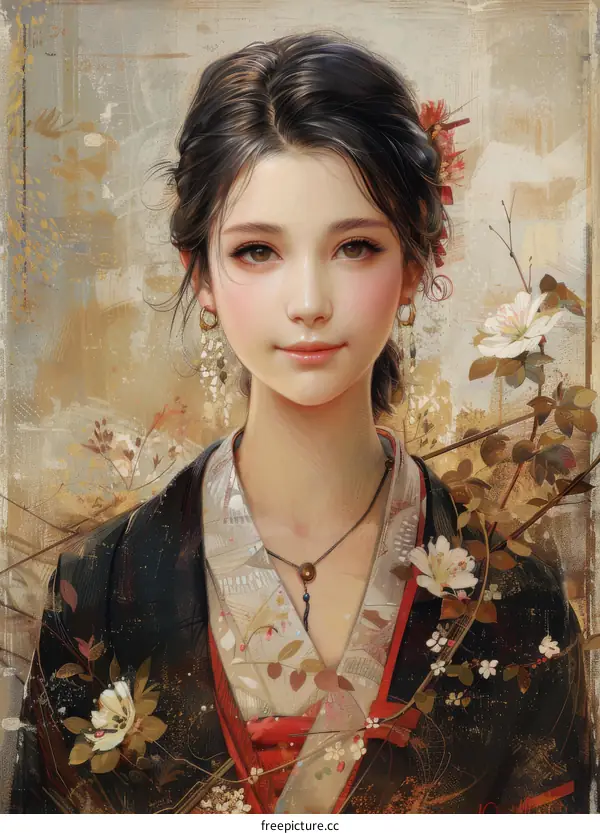 An illustration of a beautiful Asian woman in a kimono with flowers in her hair