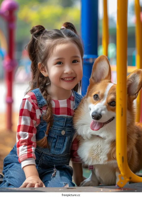 A happy little girl is sitting beside a cute dog