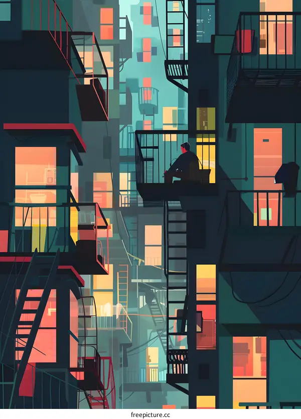 Lonely Man Sitting On A Balcony In An Urban Setting