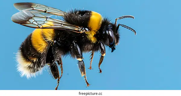 Bumblebee in Flight on Blue