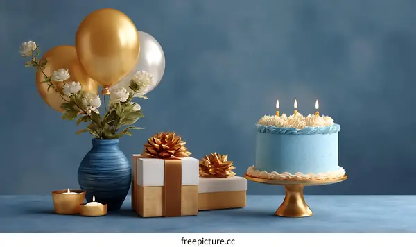 Birthday Celebration Scene with Cake and Gifts