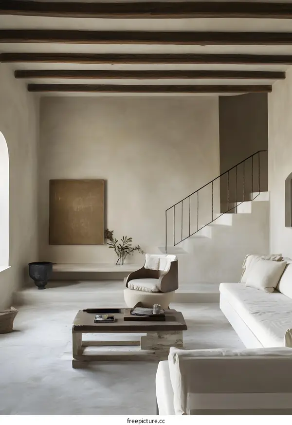 Minimalist Living Room with Beige Walls and Wooden Beams