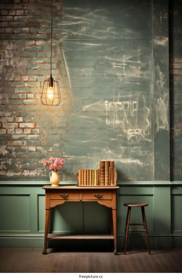 Vintage interior of a room with a table, stool, vase of flowers and books
