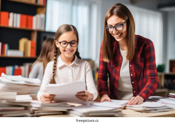 Two happy female students in a library