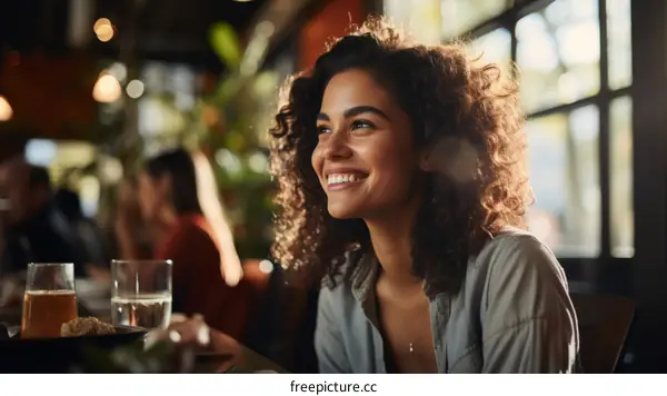 Portrait of a smiling woman with curly hair sitting in a restaurant