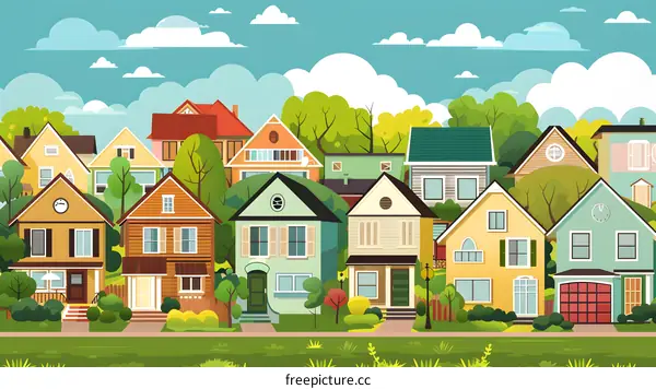 Cute Colorful Houses In A Neighborhood Illustration