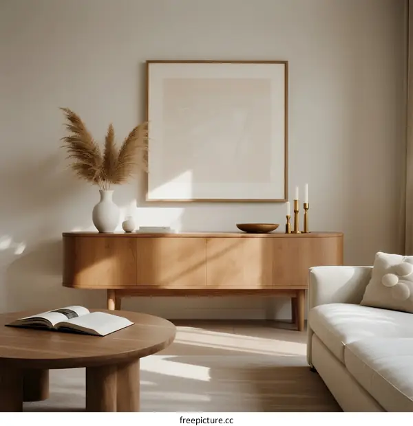 Minimalist living room with wooden furniture and soft lighting