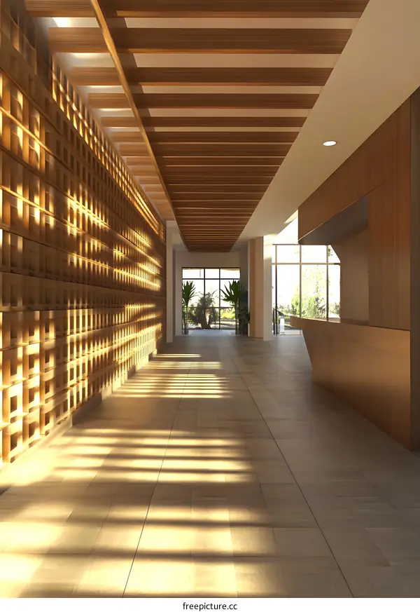 Modern Lobby With Wooden Ceiling And Lattice Wall