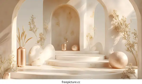 Minimalist Aesthetic with Golden Accents and Dried Flowers in a White Archway