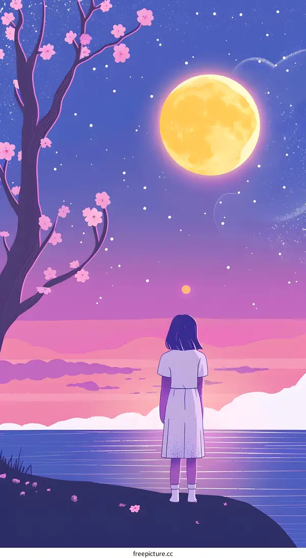 Silhouette of a Woman Standing by the Ocean at Night