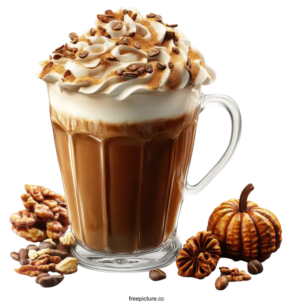 [Transparent Background PNG]Autumn Spice Latte in a Glass Mug with Decorations