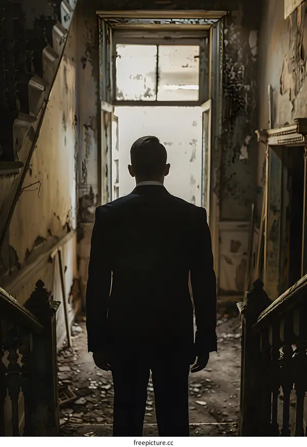 Man in suit standing in a ruined building
