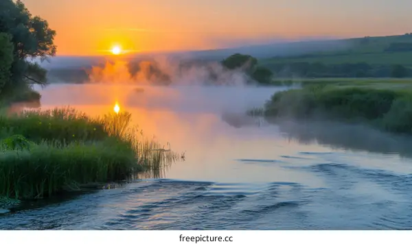 Beautiful sunrise over a river in the countryside