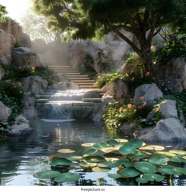 A Rock Waterfall in a Fantasy Forest