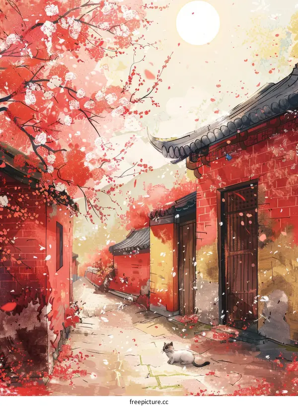 Chinese ancient architecture and cats under the peach blossom tree