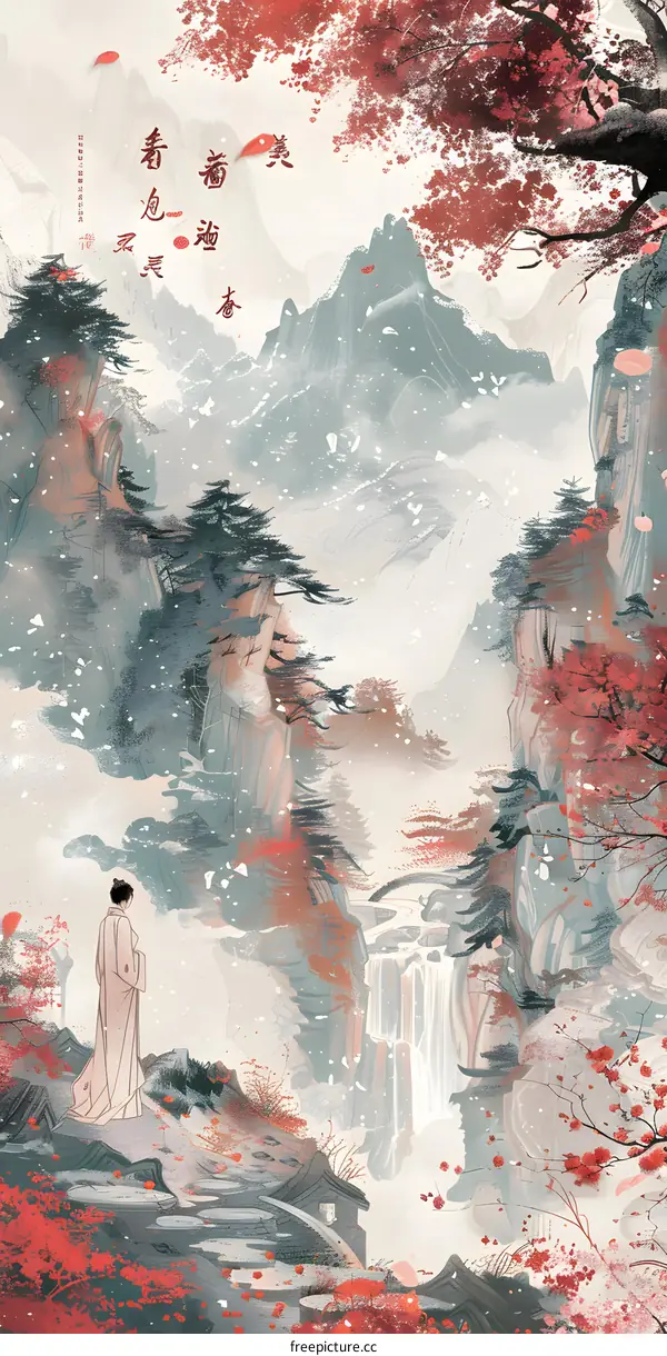 Chinese Woman in a Mountain Landscape Painting