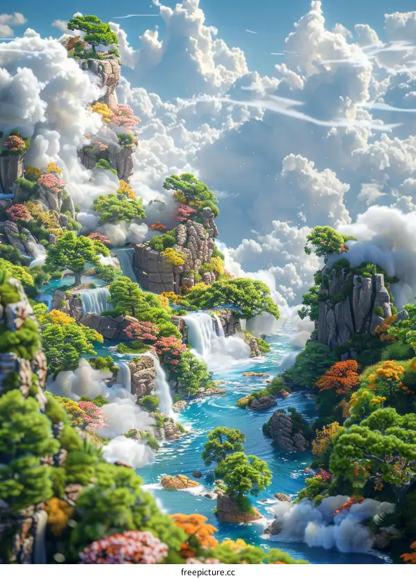 Fantasy Landscape with Floating Mountains and Waterfalls