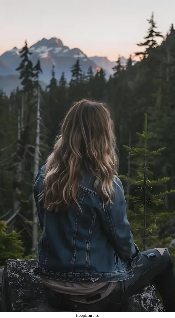 Woman Sitting on Rock in Forest with Mountain View