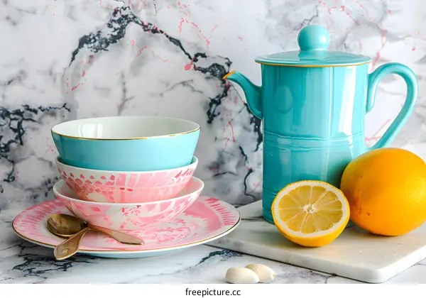 Teal Teapot with Pink and Blue Bowls on a Marble Background