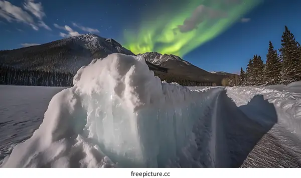 Aurora Borealis Over Snow Covered Mountain and Frozen Lake