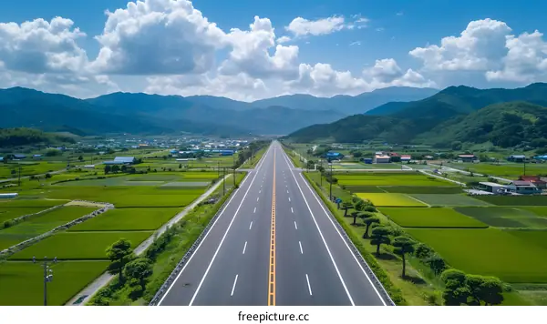 An aerial view of a rural highway in Japan