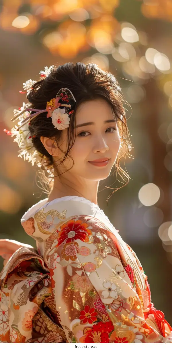 Portrait of a beautiful Japanese woman in traditional kimono
