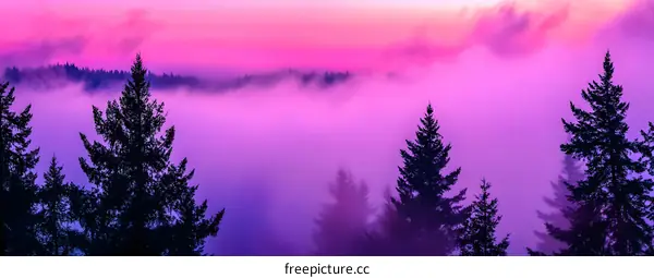 Purple Haze Foggy Forest Landscape at Sunset
