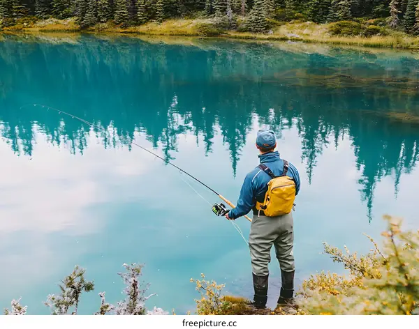 Man Fishing on a Tranquil Lake in the Mountains