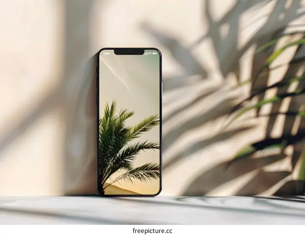 Smartphone Displaying Palm Tree Landscape With Desert Background