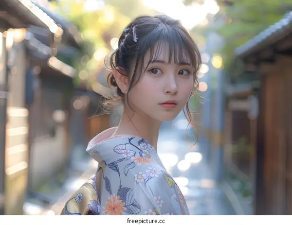 Japanese Girl in Traditional Kimono in a Japanese Alleyway