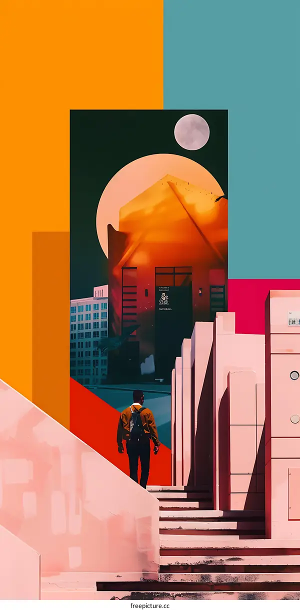 Collage Art With Man Walking Up Stairs in Urban Setting