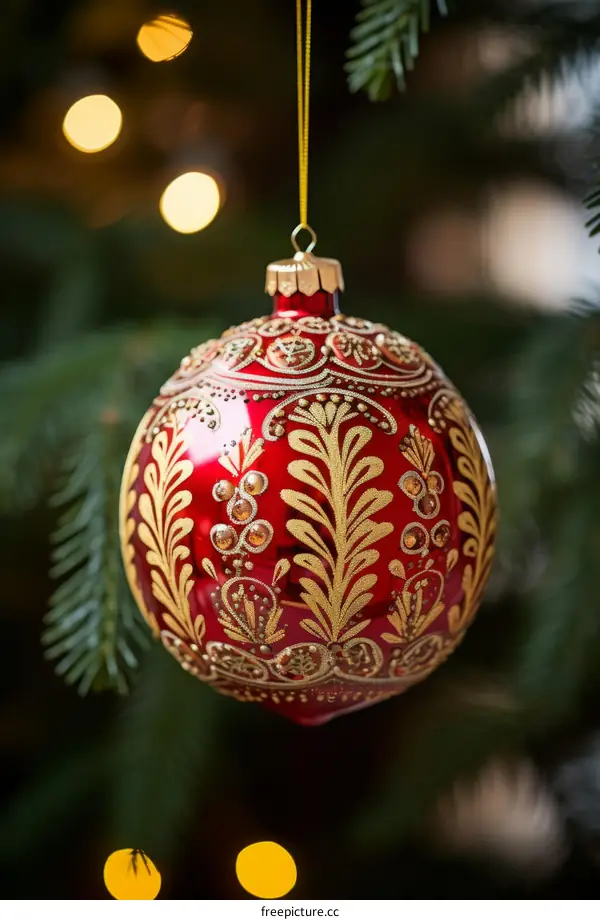 Red and gold patterned Christmas ball hanging on a Christmas tree