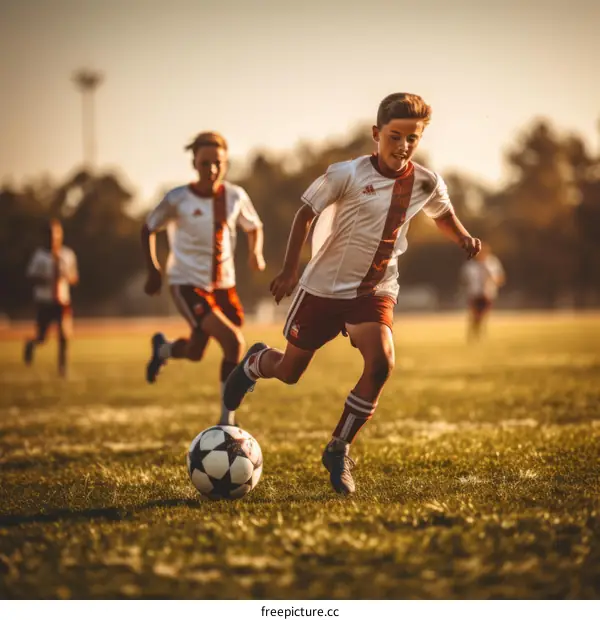 Young soccer players competing in a match