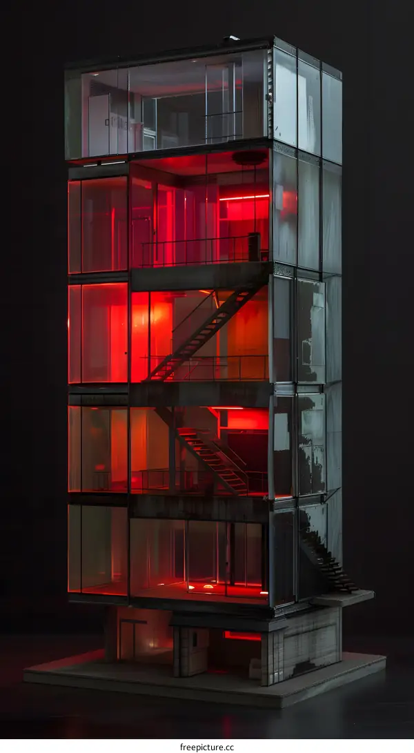 Glass Building Model With Red Lights