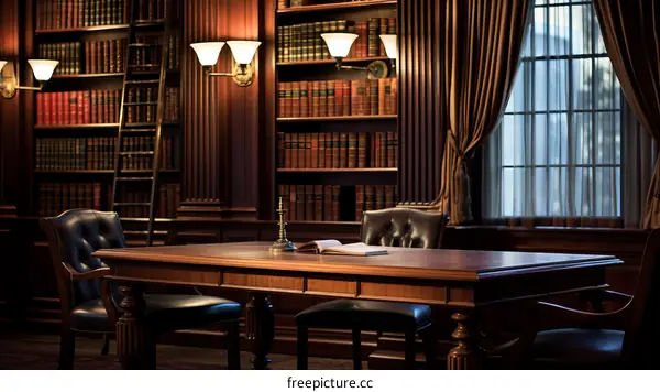 Vintage library interior with wooden table and chairs