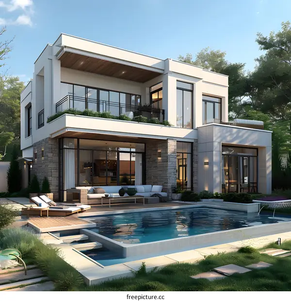 A stunning modern villa with a pool and a beautiful garden