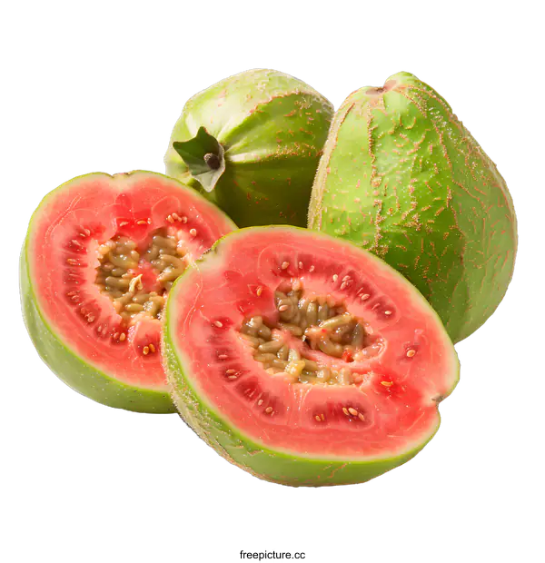 [Transparent Background PNG]Freshly cut red guavas on white background