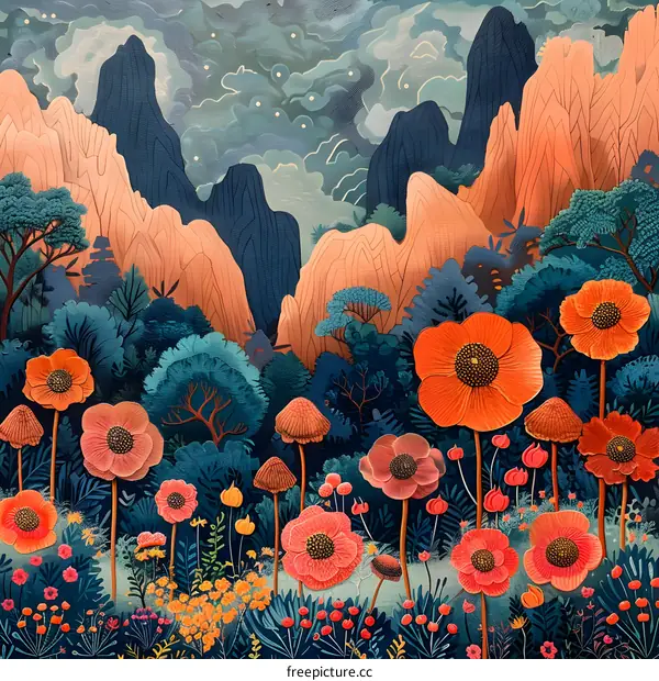 Vibrant flowers and foliage in a lush forest setting with distant mountains