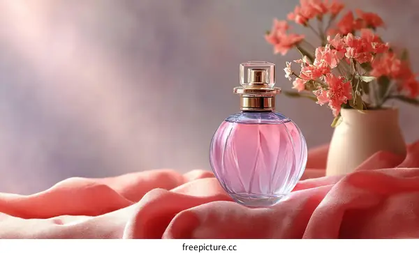Elegant Perfume Bottle on Soft Fabric with Flowers