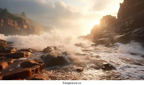 Huge waves crashing on rocky coast at sunrise