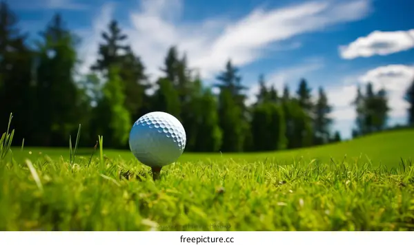 A golf ball sits on a tee in the middle of a fairway with trees in the background