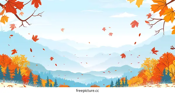 Autumn Landscape with Falling Leaves and Mountains