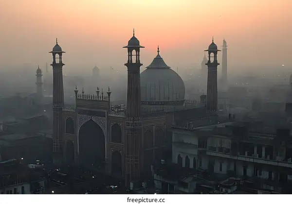 Aerial View of Badshahi Mosque in Lahore, Pakistan During Sunset
