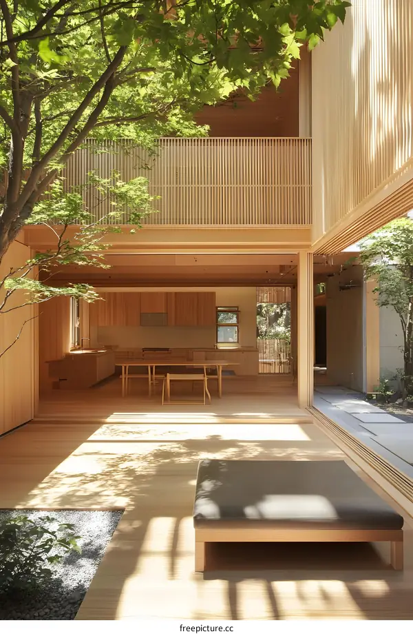 Modern Japanese Style Wooden House with Garden Courtyard