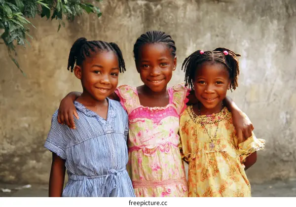 Three African Children Friendship Outdoor Portrait