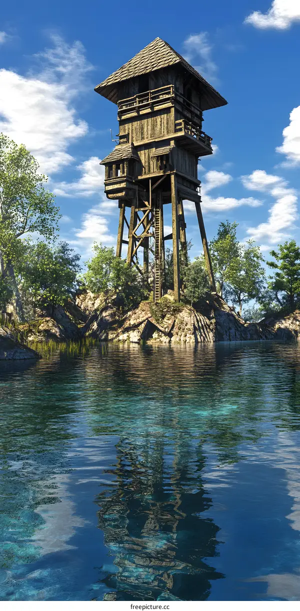 Wooden Tower on a Small Island in a Lake